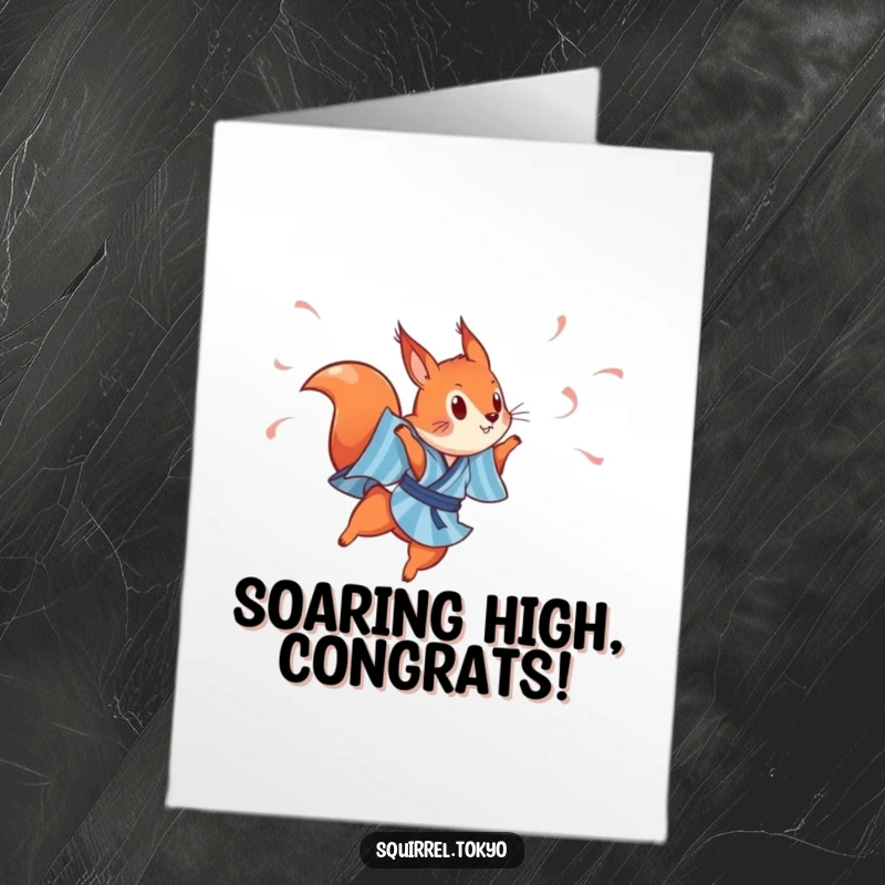 Free Printable Congratulations Card: A red squirrel in a blue striped kimono elegantly leaps amidst streamers, marking your fantastic success.