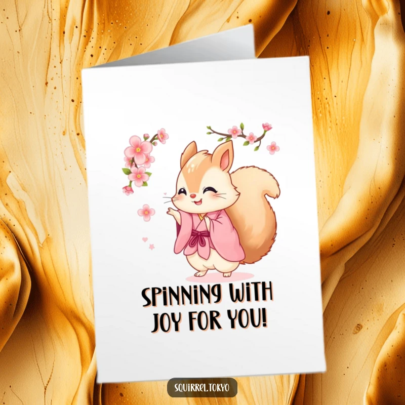 Funny Free Printable Congrats Card: Squirrel happily spinning in pink kimono, celebrating, a humorous downloadable greeting.