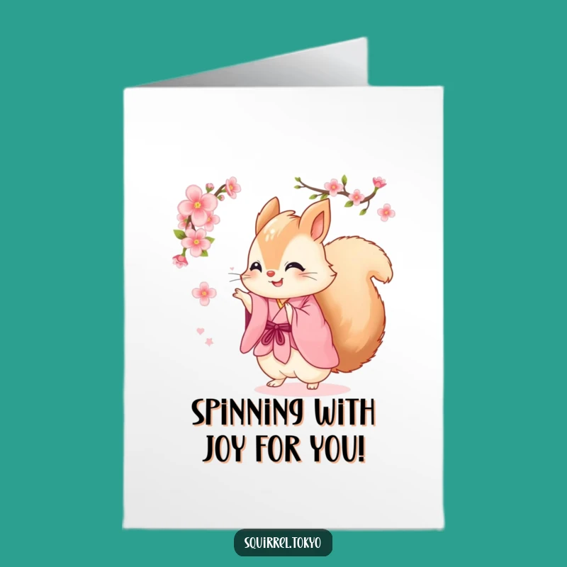 Free Printable Congrats Card: Spinning Squirrel in Pink Kimono Celebrates