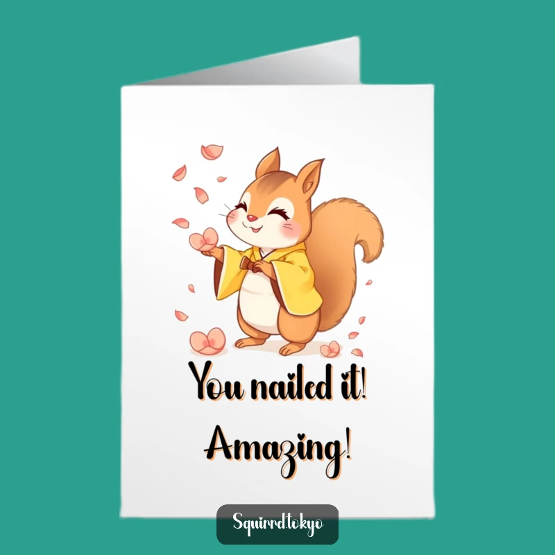 Free Printable Congrats Card: Squirrel Catches Success in Yellow Kimono