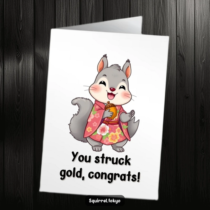 Free Printable Congratulations Card: A grey squirrel dressed in a vibrant floral kimono proudly holds a golden acorn, celebrating your success.