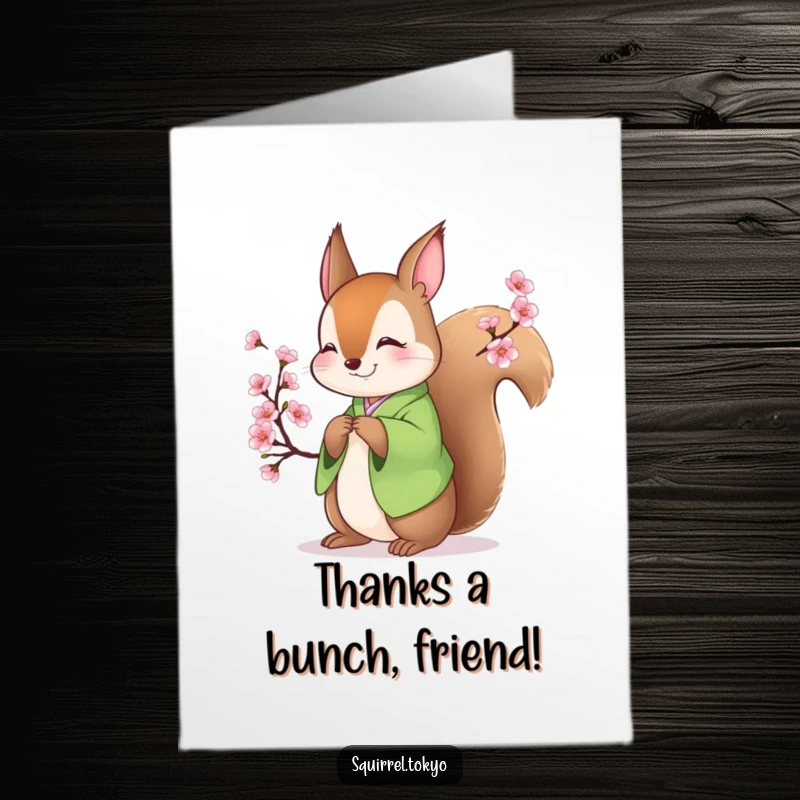 Funny Free Printable Thank You Card: Squirrel in green kimono bowing gracefully as a symbol of thanks, a humorous print.