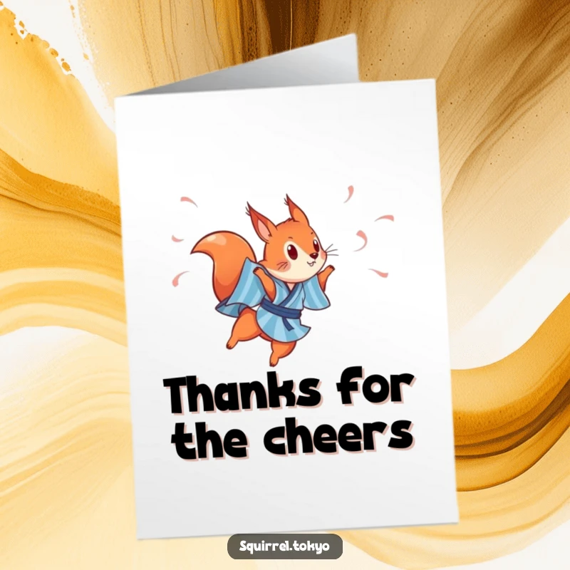 Free Printable Thank You Card: A red squirrel in a blue kimono gracefully leaps with streamers, conveying a cheerful and thankful message.