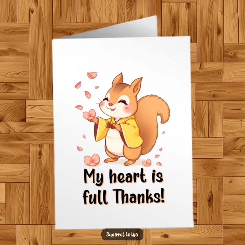 Funny Free Printable Thank You Card: Mischievous squirrel in yellow kimono catching falling petals, a humorous expression of thanks.