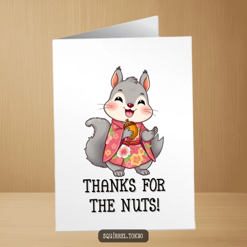 Free Printable Thank You Card: A grey squirrel in a floral kimono offers a golden acorn, symbolizing a heartfelt thank you.