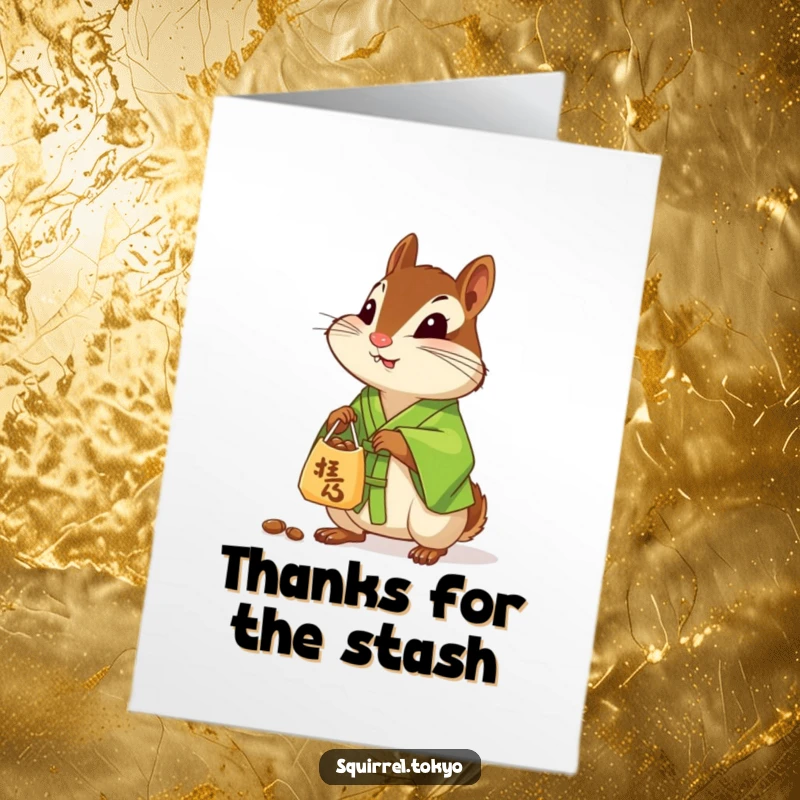 Free Printable Thank You Card: A curious chipmunk in a green kimono offers a small bag of nuts, conveying a heartfelt thank you.