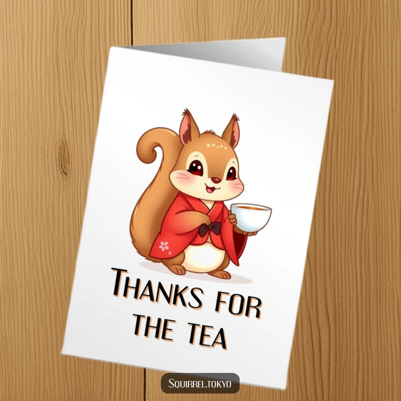 Funny Free Printable Squirrel Kimono Thank You Card: Cute squirrel in red kimono holds a teacup, expressing thanks.