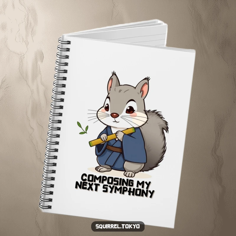 Funny stoic grey squirrel in a dark blue kimono holding a bamboo flute on a lined notebook, perfect for humorous note-taking.
