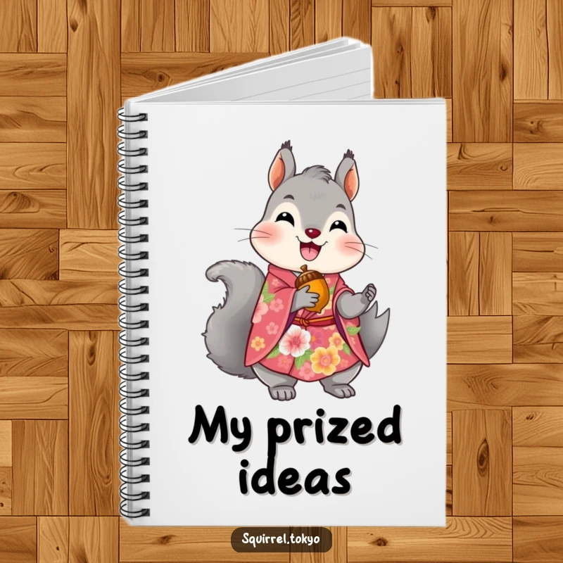 Funny notebook with a cover illustration of a delighted grey squirrel in a vibrant floral kimono, holding a golden acorn, for journaling.