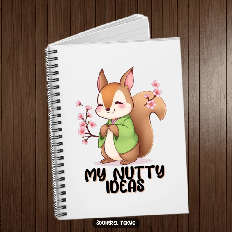 Funny notebook with a smiling squirrel in a green kimono bowing gently, perfect for journaling with artistic and humorous inspiration.