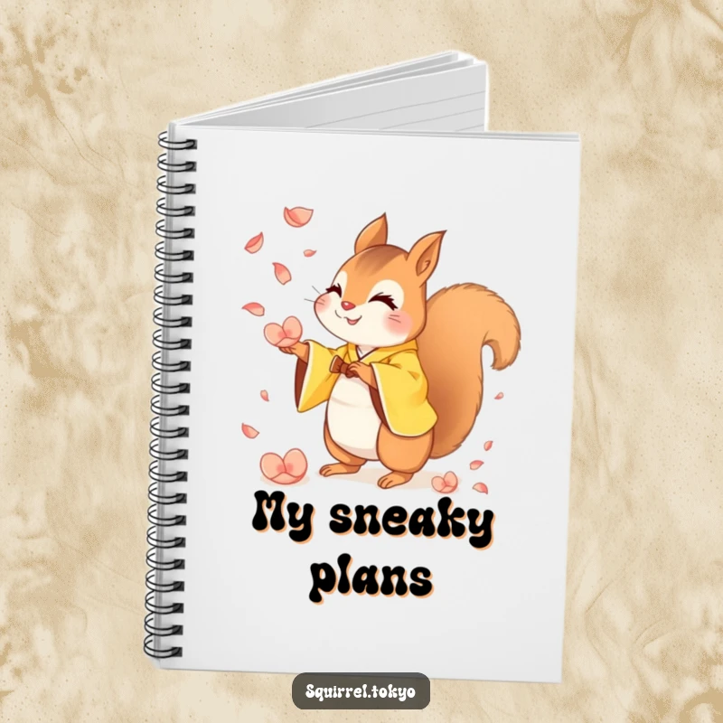 Funny notebook featuring a mischievous squirrel in a yellow kimono catching falling petals, perfect for playful journaling and creative ideas.