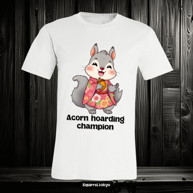 Funny t-shirt showcasing a delighted grey squirrel in a vibrant floral kimono, proudly holding a golden acorn, exuding joy.