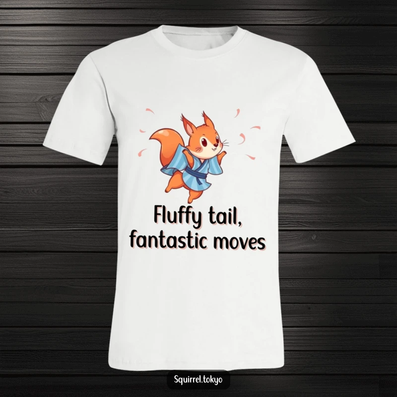 Funny t-shirt showcasing a playful red squirrel in a blue striped kimono, leaping joyfully with streamers, embodying energetic movement.