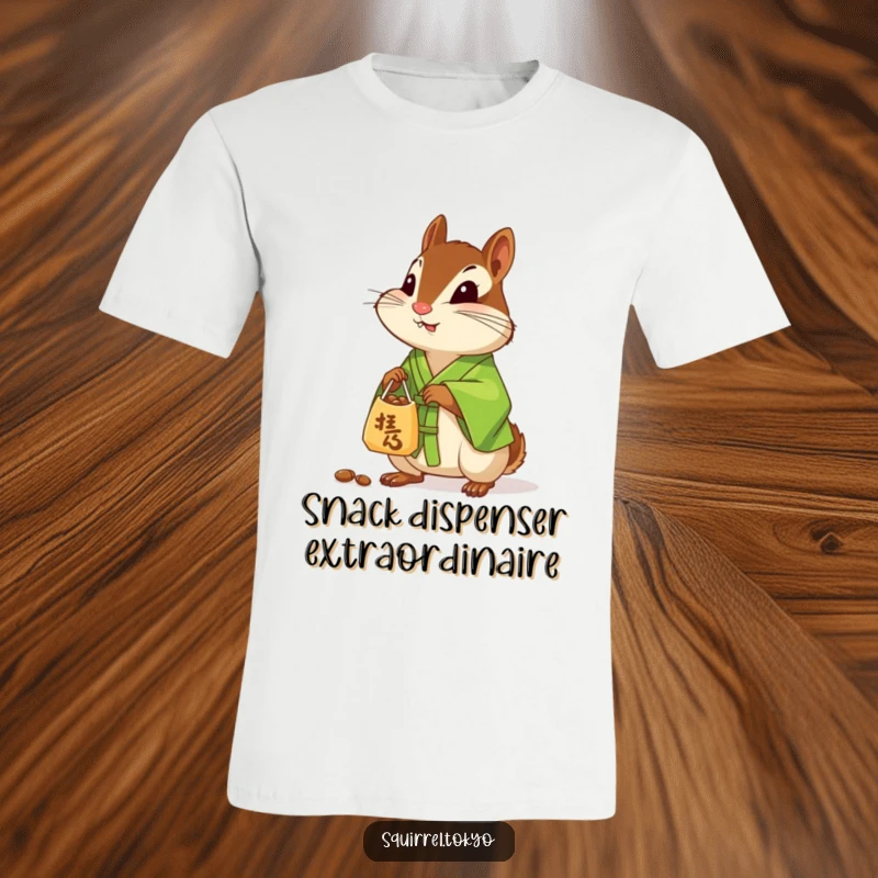 Funny t-shirt showcasing a curious chipmunk in a green silk kimono, offering a small bag of nuts with a friendly demeanor.