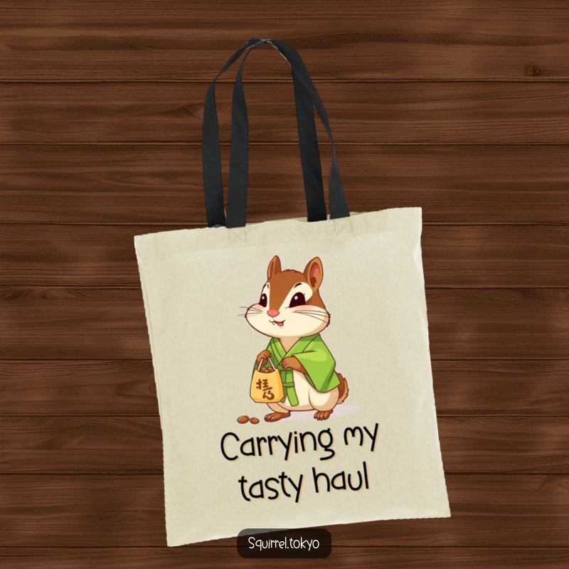 Funny tote bag with a curious chipmunk in a green silk kimono, offering a small bag of nuts, perfect for daily use.