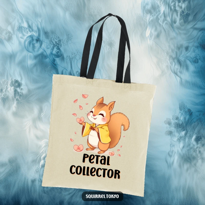 Funny tote bag with a mischievous squirrel in a yellow kimono artfully catching falling petals, a humorous and functional accessory.