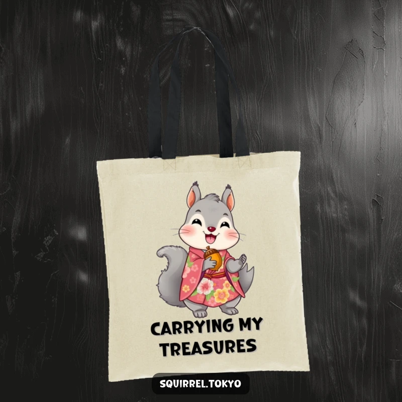 Funny tote bag with a delighted grey squirrel in a vibrant floral kimono holding a golden acorn, perfect for shopping and daily use.