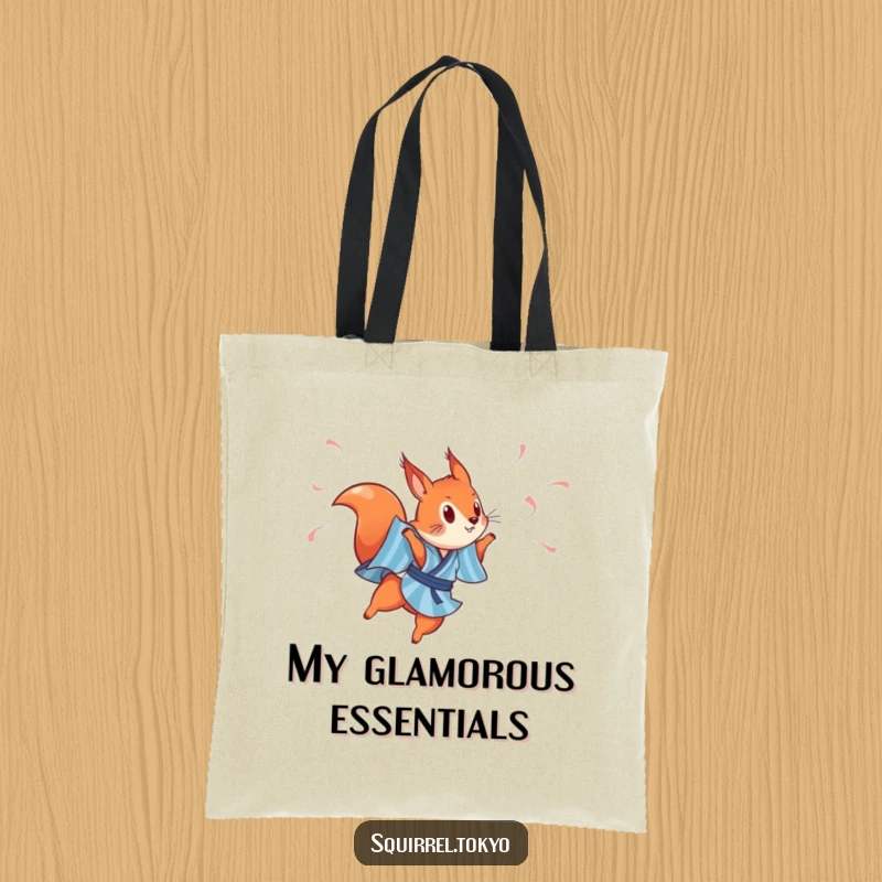 Funny tote bag with a playful red squirrel in a blue striped kimono, leaping gracefully with streamers, ideal for daily use.